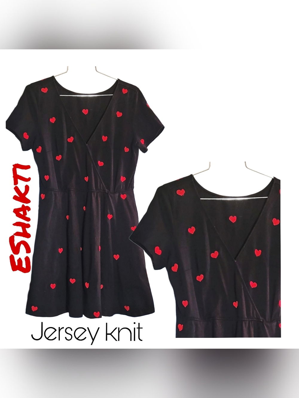 Retro Jersey Knit Black V- Neck Mini Dress w/ Embroidered Hearts